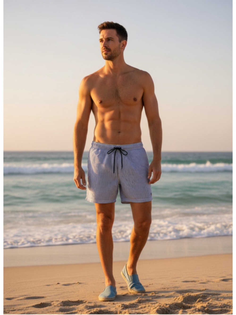 Lands' End Men’s XL Blue & White Seersucker Swim Trunks - Classic Preppy Striped
